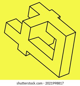 Impossible shape. Sacred geometry. Optical illusion shape. Abstract eternal geometric object. Impossible endless outline figure. Optical art. Impossible geometry shape on a yellow background. Line art