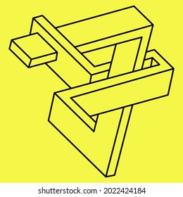 Unmögliche Form. Heilige Geometrie. Optische Illusionsfigur. Abstrakte ewige geometrische Objekte. Unmögliche endliche Rahmenform. Op art. Unmögliche Geometrie auf gelbem Hintergrund. Liniendesign.