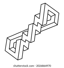 Impossible shape. Sacred geometry. Optical illusion shape. Abstract eternal geometric object. Impossible endless outline shape. Op art figure. Impossible geometry shape on a white background. Line art
