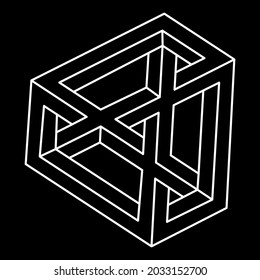 Forma imposible. Geometría sagrada. Ilusión óptica. Resumen de objeto geométrico eterno. Imposible contorno interminable. Op art. Imposible símbolo de geometría sobre fondo negro. Arte de línea. Figura geométrica
