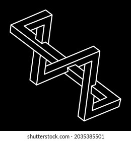 Impossible shape. Sacred geometry. Optical illusion. Abstract eternal geometric object. Impossible endless outline. Op art. Impossible geometry symbol on a black background. Escher style. Line art.