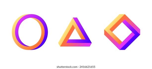 Impossible shape set. Colorful optical illusion circle, square, triangle. Gradient mobius strip collection. Abstract unreal geometric forms. Puzzle design elements for logo, icon, label, tag. Vector