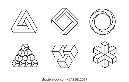 Conjunto de formas imposible aislado. Ilusión óptica de línea. Resumen de la forma geométrica irreal
