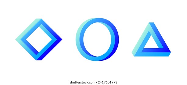 Impossible shape set. Optical illusion circle, square, triangle. Blue gradient mobius strip collection. Abstract unreal geometric forms. Puzzle design elements for logo, icon, label, tag. Vector