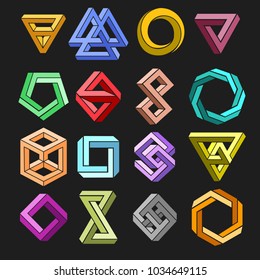 Impossible shape set. Vector 3d geometry surrealistic paradox undecided shapes isolated on black background