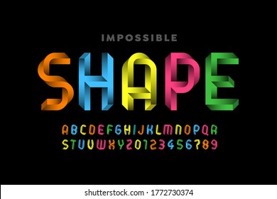 Impossible shape style font, alphabet letters and numbers, vector illustration