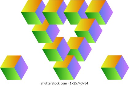 The impossible shape of a triangle, the sides of which are made up of cubes, they have sides of different colors