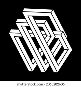Impossible shapes. Abstract eternal geometric object. Impossible endless outline. Escher style. Impossible geometry symbol on a black background. Optical illusion figures.
