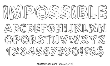 Impossible shapes font. Paradox alphabet letters and numbers, geometric abc figures vector illustration set. Optical illusion impossible alphabet. Futuristic numerals and punctuation marks