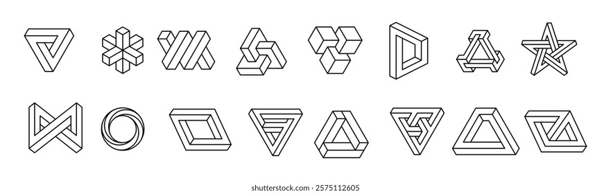 Impossible shapes line collection. Optical illusion geometric set. Looped unreal forms. Black and white abstract infinite symbols.