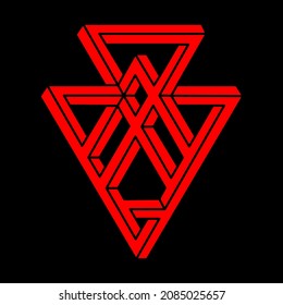 Impossible shapes. Logo. Optical illusion. Sacred geometry figure. Abstract eternal geometric object. Impossible endless outline. Optical art. Impossible geometry shape on a black background.