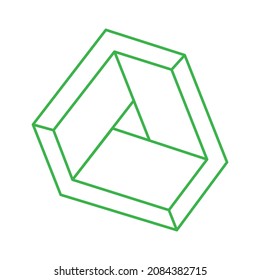 Formas imposibles. Logotipo. Geometría sagrada. Ilusión óptica. Resumen de objetos geométricos eternos. Arte óptico. Imposible geometría de símbolo verde sobre fondo blanco. Arte de línea. Estilo de Escher.