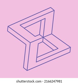 Impossible shapes. Logo. Sacred geometry figure. Optical illusion. Abstract eternal geometric object. Impossible endless outline. Line art. Optical art. Impossible geometry shape on a pink background.