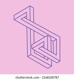 Impossible shapes. Logo. Sacred geometry figures. Optical illusion. Abstract eternal geometric object. Line art. Optical art. Impossible geometry shape on a pink background. Paradox.