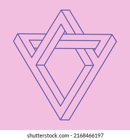 Impossible shapes. Logo. Sacred geometry figure. Optical illusion. Abstract eternal geometric object. Impossible endless outline. Line art. Optical art. Impossible geometry shape on a pink background.