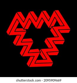 Impossible shapes. Modern logo. Sacred geometry figures. Optical illusion. Abstract eternal geometric objects. Impossible endless outline. Optical art. Impossible geometry shape on a black background.