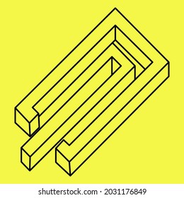 Unmögliche Formen. Optische Illusion. Abstraktes ewiges geometrisches Objekt. Unmögliche endliche Umrisse.  Unmögliche geometrische Figur auf gelbem Hintergrund.