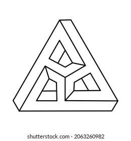 Impossible shapes. Optical illusion figure. Abstract eternal geometric object. Impossible endless outline triangle. Impossible geometry symbol on a white background. Optical art. Escher style.