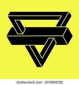 Impossible shapes. Optical illusion figure. Abstract eternal geometric object. Impossible geometry symbol on a yellow background. Optical art.