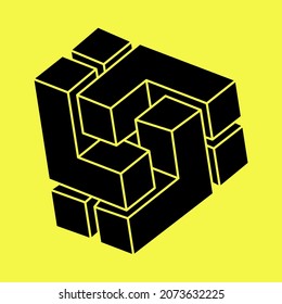 Impossible shapes. Optical illusion figure. Abstract eternal geometric object. Impossible geometry symbol on a yellow background. Optical art.