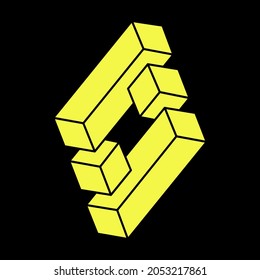 Impossible shapes. Optical illusion. Linear infinite object. Abstract eternal geometric figure. Impossible geometry sign outline, black background. Optical art. Escher style.