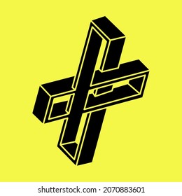 Impossible shapes. Optical illusion. Linear infinite object. Abstract eternal geometric figure. Impossible geometry sign outline, yellow background. Optical art.