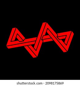Formas imposibles. Logo de la ilusión óptica. Resumen de objetos geométricos eternos. Imposible contorno interminable. Estilo Escher. Imposible símbolo de geometría en un fondo negro. Figuras de arte óptico.