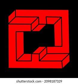 Impossible shapes. Optical illusion logo. Abstract eternal geometric objects. Impossible endless outline. Impossible geometry symbol on a black background. Optical art.