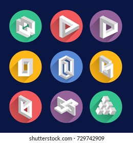 Impossible shapes, optical illusion objects vector symbols set