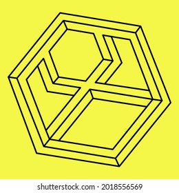 Impossible shapes. Optical illusion. Sacred geometry. Abstract eternal geometric object. Impossible endless outline. Impossible geometry symbol on a yellow background. Op art.