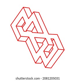 Impossible shapes. Optical illusion. Sacred geometry figure. Abstract eternal geometric objects. Impossible endless outline. Optical art. Impossible geometry shape on a white background.