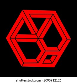 Impossible shapes. Optical illusion. Sacred geometry figures. Abstract eternal geometric objects. Impossible endless outline. Optical art. Impossible geometry shape on a black background. Modern logo.