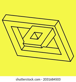 Formas imposibles. Cubo sagrado de geometría. Figuras de ilusión óptica. Resumen de objeto geométrico eterno. Imposible contorno interminable. Arte de líneas. Arte de operaciones. Forma de geometría imposible sobre un fondo amarillo.