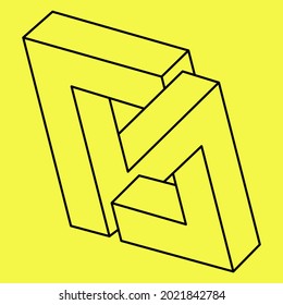 Impossible shapes. Sacred geometry figure. Optical illusion. Abstract eternal geometric object. Impossible endless outline. Optical art. Impossible geometry shape on a yellow background.