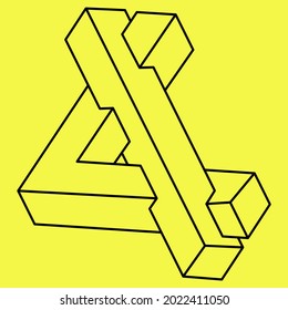 Impossible shapes. Sacred geometry figure. Optical illusion object. Abstract eternal geometric object. Impossible endless outline shape. Optical art. Impossible geometry figure on a yellow background.