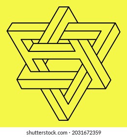 Impossible shapes. Sacred geometry figure. Optical illusion object. Abstract eternal geometric shape. Impossible endless outline. Line art. Op art. Impossible geometry figure on a yellow background.