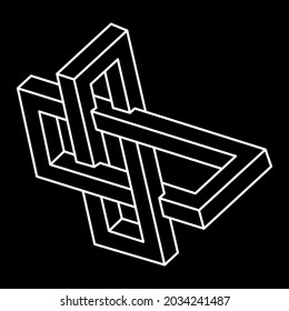 Impossible shapes. Sacred geometry figure. Optical illusion. Abstract eternal geometric object. Impossible endless outline shape. Line art. Optical art. Impossible geometry shape on a black background