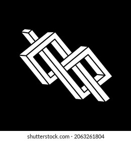 Impossible shapes. Sacred geometry figure. Optical illusion. Abstract eternal geometric objects. Impossible endless outline. Op art. Impossible geometry symbol on a black background. Escher paradox.