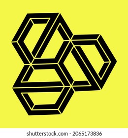 Impossible shapes. Sacred geometry figure. Optical illusion. Abstract eternal geometric object. Impossible endless outline. Escher style. Optical art. Impossible geometry shape on a yellow background.