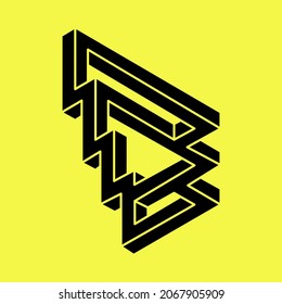 Impossible shapes. Sacred geometry figure. Optical illusion. Abstract eternal geometric object. Impossible endless outline. Optical art. Escher style. Impossible geometry shape on a yellow background.