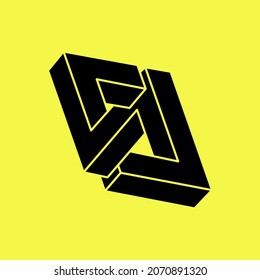 Impossible shapes. Sacred geometry figure. Optical illusion. Abstract eternal geometric object.  Optical art. Impossible geometry shape on a yellow background. 