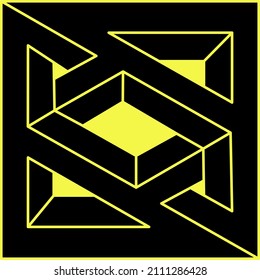Impossible shapes. Sacred geometry figure. Optical illusion. Abstract eternal geometric object. Impossible endless outline. Optical art. Impossible geometry shape on a yellow background. Escher style.