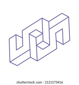 Impossible shapes. Sacred geometry figure in trendy 2022 Very Peri color. Optical illusion logo. Impossible endless outline. Line art tattoo. Op art. Impossible geometry shape on a white background.