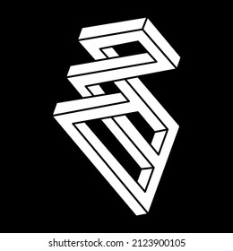 Formas imposibles. Figura sagrada de la geometría. Ilusión óptica. Resumen de objetos geométricos eternos. Imposible contorno interminable. Arte óptico. Forma de geometría imposible sobre un fondo negro. Estilo Escher.