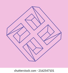 Impossible shapes. Sacred geometry figure. Optical illusion logo. Abstract eternal geometric object. Impossible endless outline. Line art. Optical art. Impossible geometry shape on a pink background.