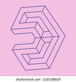 Impossible shapes. Sacred geometry figure. Optical illusion logo. Abstract eternal geometric object. Impossible endless outline. Line art. Optical art. Impossible geometry shape on a pink background.
