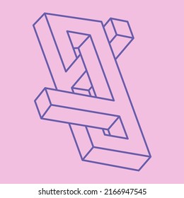 Impossible shapes. Sacred geometry figure. Optical illusion logo. Abstract eternal geometric object. Impossible endless outline. Line art. Optical art. Impossible geometry shape on a pink background.