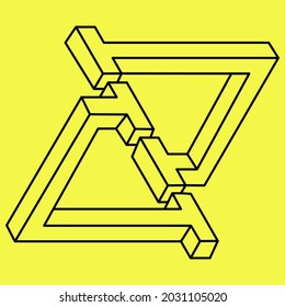 Impossible shapes. Sacred geometry figures. Optical illusion object. Abstract eternal geometric element. Impossible endless outline. Line art. Op art. Impossible geometry shape on a yellow background.