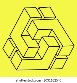Impossible shapes. Sacred geometry figures. Optical illusion. Abstract eternal geometric object. Impossible endless outline. Line art. Op art. Unreal geometric shape.