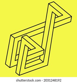 Impossible shapes. Sacred geometry figures. Optical illusion object. Abstract eternal geometric. Impossible endless outline. Line art. Optical art. Impossible geometry shape on a yellow background.